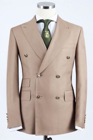Khaki Double Breasted Peaked Lapel Business Men Suit
