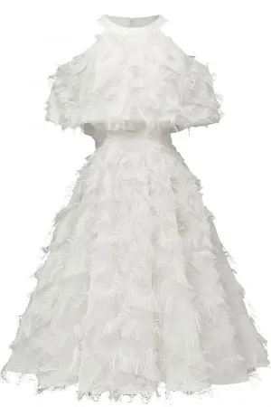 A-line Halter-neck Knee-length Party Gown With Feathers