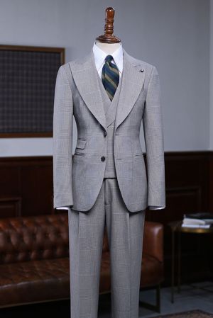 Gray Plaid Three Pieces Slim Fit Business Suit