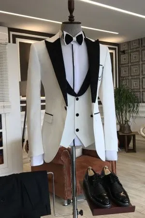 3-Piece White Prom Men's Suit with Black Peaked Lapel