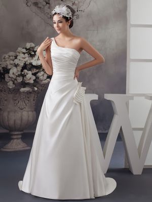 A-line One Shoulder Sleeveless Tulle Wedding Gown With Sweep / Brush Train