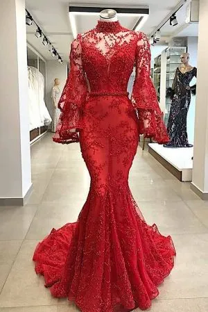 Mermaid High Neck Long Sleeves Chapel Train Evening Dress With Appliques