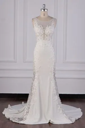A-line Spaghetti Straps V-neck Sleeveless Floor-length Satin Wedding Gown With Lace