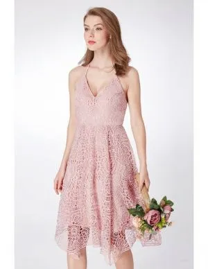 Column Spaghetti Straps V-neck Sleeveless Tea-length Bridesmaid Dress With Embroidery
