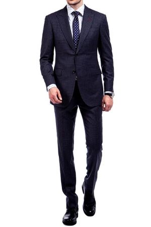 Dark Gray Small Checked Wool Blend Men's Suit with Peak Lapel