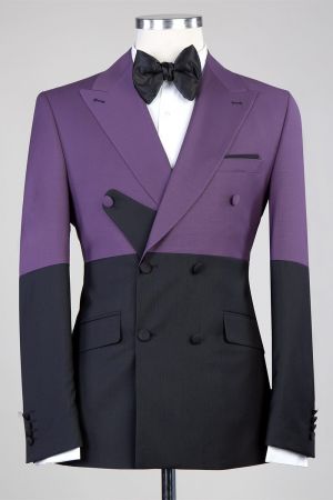 Purple And Black Double Breasted Peaked Lapel Men Suit for Prom
