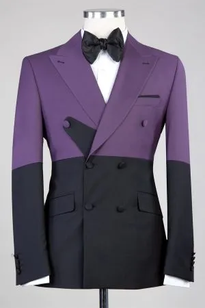 Purple And Black Double Breasted Peaked Lapel Men Suit for Prom