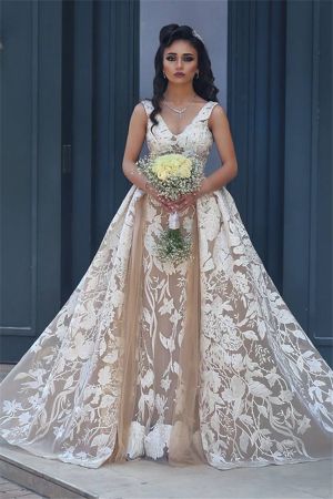 A-line V-neck Sleeveless Sweep / Brush Train Tulle Bridal Attire With Lace