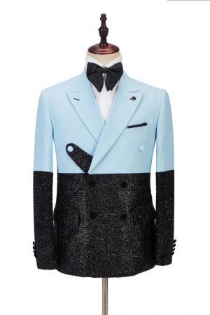 Sky Blue Stitching Sparkle Black 2 Piece Men's Suit