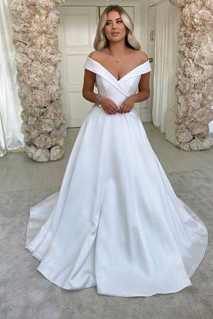 A-line Sweetheart Neck Cap Sleeves Chapel Train Satin Wedding Gown With Ruffles