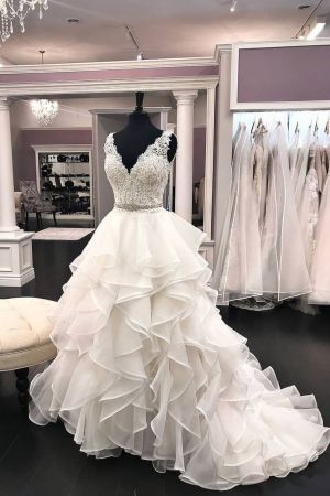 A-line V-neck Sleeveless Floor-length Tulle Bridal Attire With Lace