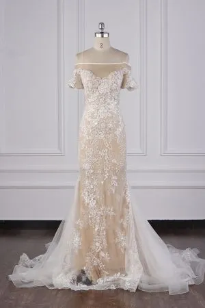 Mermaid Off-the-shoulder Short Sleeves Floor-length Tulle Wedding Dress With Appliques