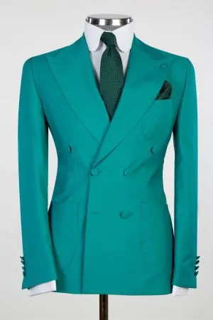 Men's Teal Green Double-Breasted Peaked Lapel Slim Fit Suit