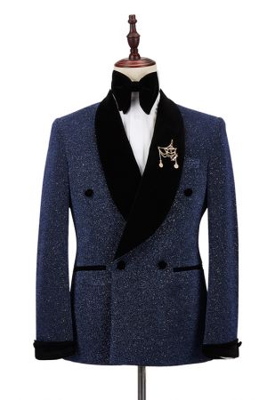 Wedding Sparkle Dark Navy Black Double Breasted Suit