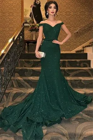 Mermaid Off-the-shoulder Sleeveless Sweep / Brush Train Evening Dress With Sequins