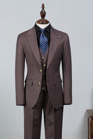Brown Striped Slim Fit Business Suit