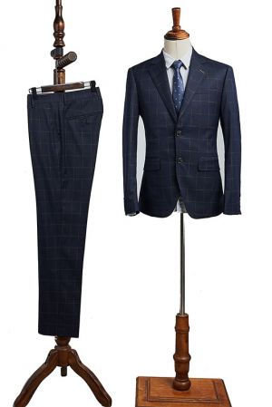 Navy Blue Plaid Notched Lapel 2 Button Business Suit