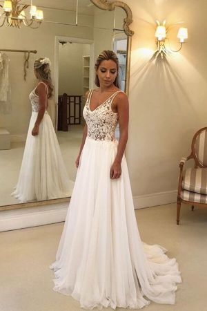 A-line V-neck Sleeveless Sweep / Brush Train 100D Chiffon Bridal Gown With Appliques