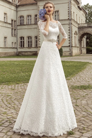 A-line Scalloped-Edge Floor-length Bridal Dress With Lace