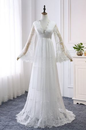 A-line V-neck Long Sleeves Court Train Tulle Bridal Gown With Lace