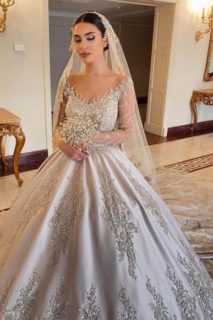 Jewel Neck Long Sleeves Chapel Train Satin Bridal Dress With Lace