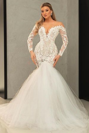 Mermaid Sweetheart Neck Long Sleeves Sweep / Brush Train Lace Bridal Gown With Lace