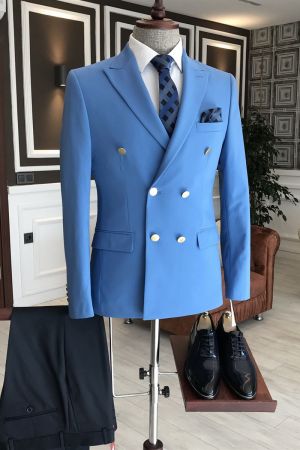 Blue Double Breasted Suit with Peaked Lapel