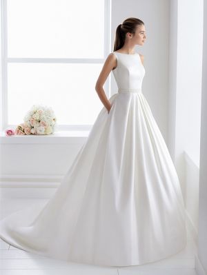 Ball Gown Straps Bateau Neck Sleeveless Court Train Satin Bridal Dress With Lace