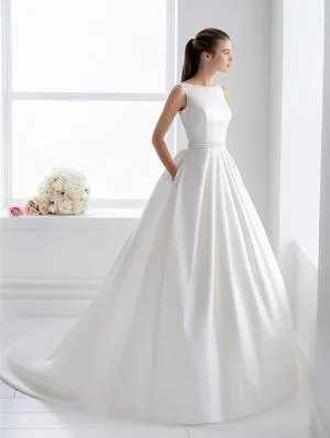 Ball Gown Straps Bateau Neck Sleeveless Court Train Satin Bridal Dress With Lace