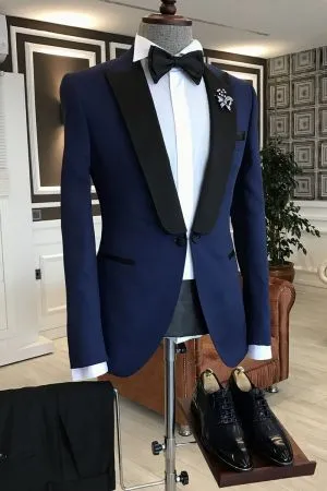 Navy Blue Mixed Black Prom Suit with Peaked Lapel