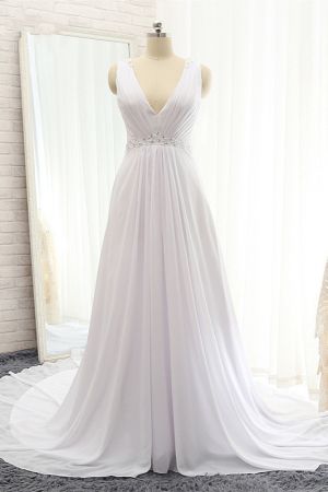 A-line Straps V-neck Sleeveless Floor-length 100D Chiffon Wedding Dress
