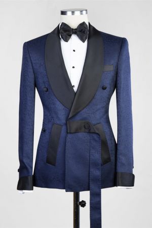 Dark Navy Double Breasted Men's Suit with Shawl Lapel for Wedding