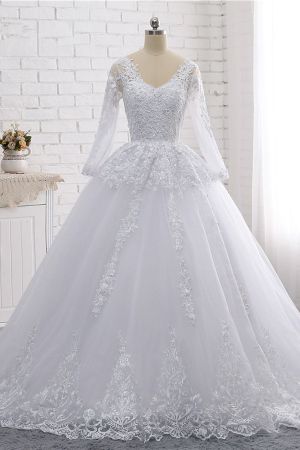 A-line V-neck Long Sleeves Floor-length Tulle Bridal Attire With Appliques