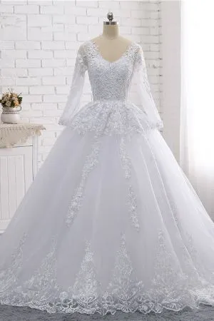 A-line V-neck Long Sleeves Floor-length Tulle Bridal Attire With Appliques
