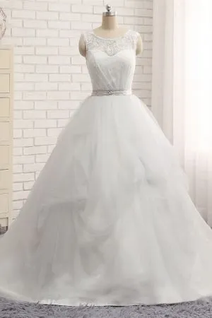 A-line Jewel Neck Sleeveless Floor-length Tulle Wedding Gown With Lace