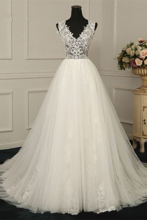 A-line Spaghetti Straps V-neck Sleeveless Floor-length Tulle Wedding Dress With Ruffles