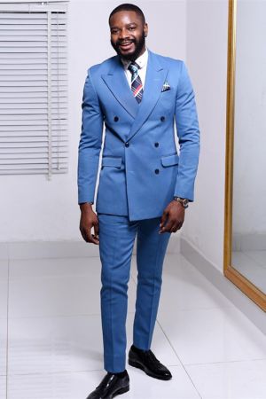 Blue Double Breasted Peaked Lapel  Men Suit
