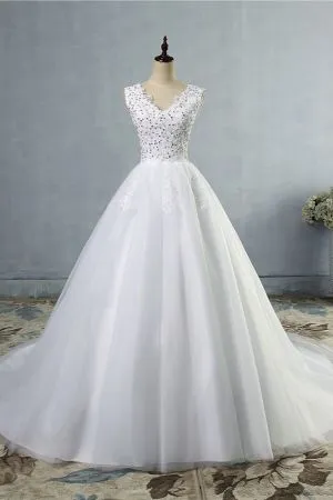 A-line V-neck Sleeveless Floor-length Tulle Bridal Dress With Sequins