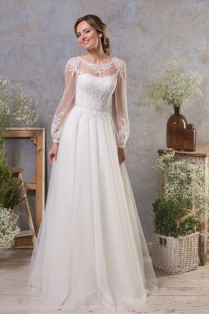 Column Jewel Neck Long Sleeves Sweep / Brush Train Tulle Wedding Gown With Pearls