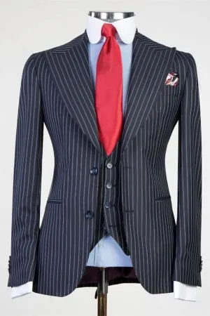 Black Stripe Peaked Lapel Three Pieces Business Men Suit