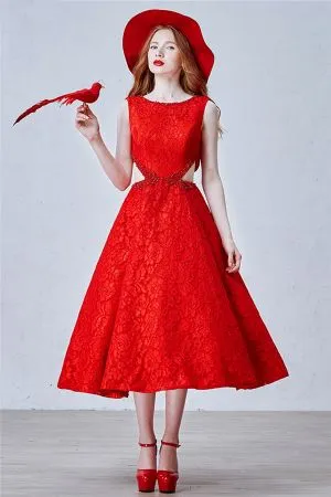 A-line Jewel Neck Sleeveless Tea-length Bridesmaid Gown With Lace