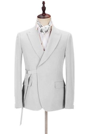 Silver Peaked Lapel Men's Suit with Adjustable Buckle