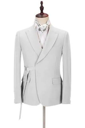 Silver Peaked Lapel Men's Suit with Adjustable Buckle