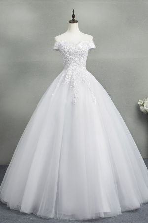 A-line Short Sleeves Floor-length Tulle Wedding Dress With Appliques