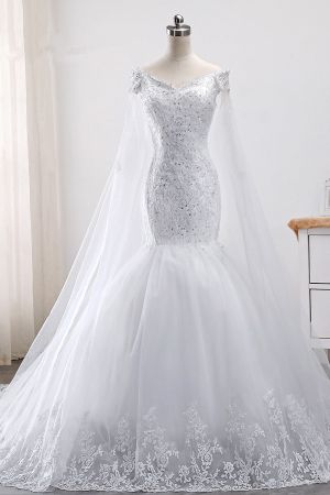 Mermaid Off-the-shoulder Sweetheart Neck Sleeveless Floor-length Tulle Wedding Gown With Beading