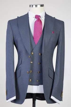 Caleb Greyish Blue Textured Slim Fit 3-Piece Suit with Hacking Pockets