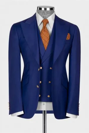 Navy Blue Three Pieces Peaked Lapel Men Business Suit
