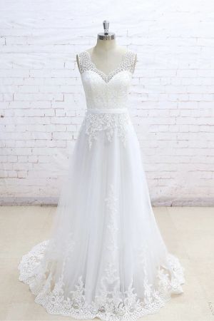 A-line V-neck Sleeveless Sweep / Brush Train Tulle Bridal Gown With Lace