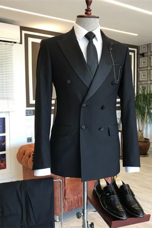 Black Double Breasted Peaked Lapel Men's Suit