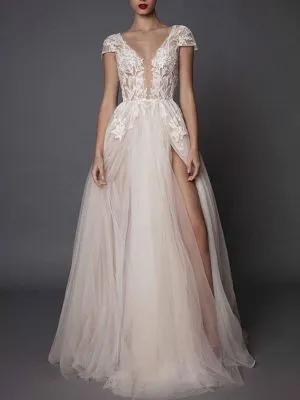 A-line V-neck Short Sleeves Sweep / Brush Train Wedding Gown With Appliques